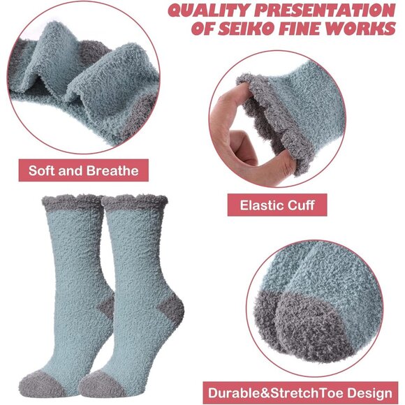 Women Fuzzy Socks Cozy Fluffy Warm Slipper Microfiber Soft Sleep Brown Beige - Picture 5 of 6